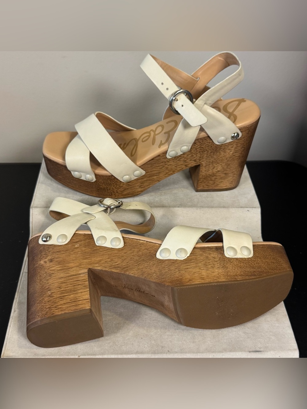 Sam Edelman Cream Leather Platform Sandals with Wood Block Heel, size 9, NWOT - Picture 3 of 7